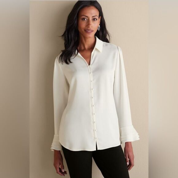NWT Soft Surroundings Sonnet Button Up Blouse in Ecru Ivory Long Tied Sleeve M - Picture 1 of 16